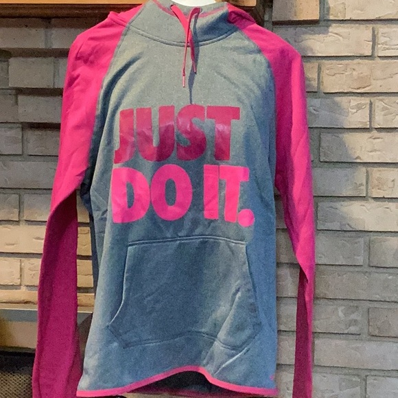 Nike Tops - Nike Gray Hoodie with Pink 'Just Do It' Print therma-fit